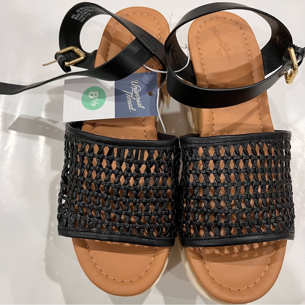 Universal Thread Black Alba wood wedge platform  sandals shoes 8.5